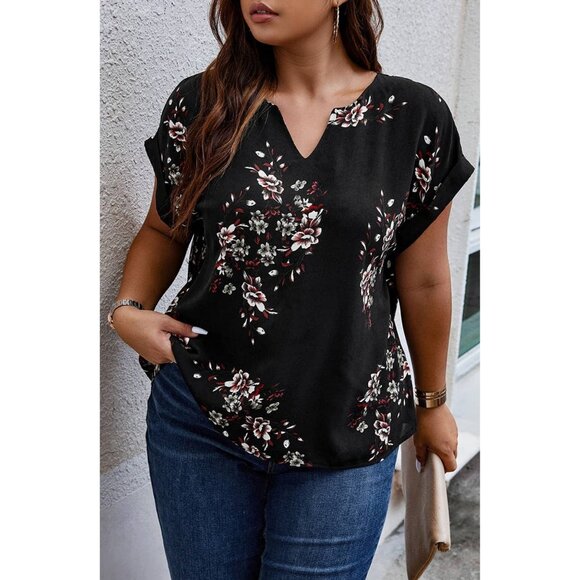 Plus Size V Neck Floral Printed Blouse Sh Sleeve Black White Pink Flowers - Picture 3 of 5